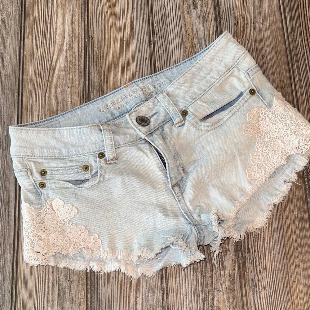 American Eagle Outfitters Blue Jean Shorts with Lace Trim 00 denim